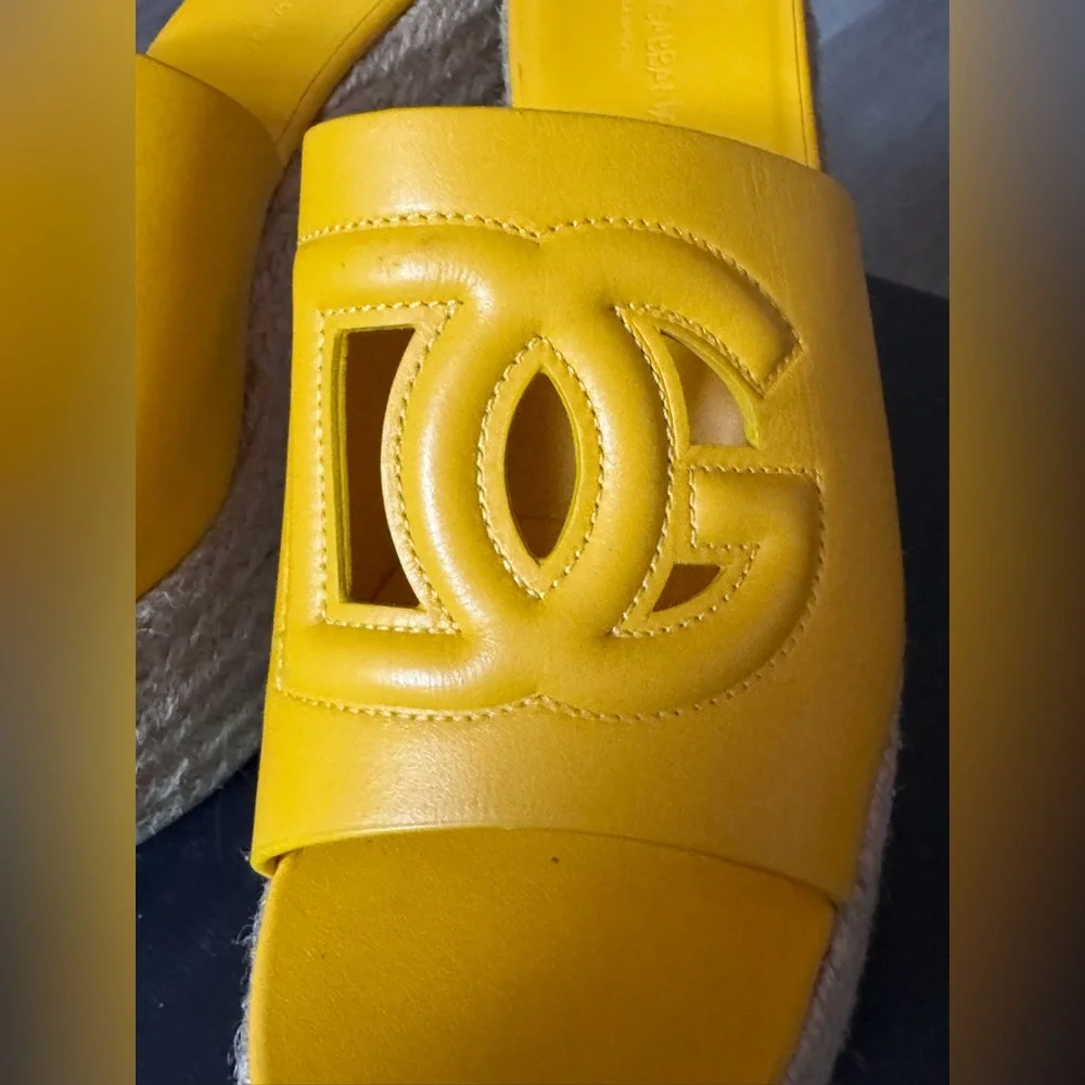 Dolce & Gabbana Yellow Leather Logo Espadrille Wedge Sandals Sz 8,5-9us - Picture 3 of 10